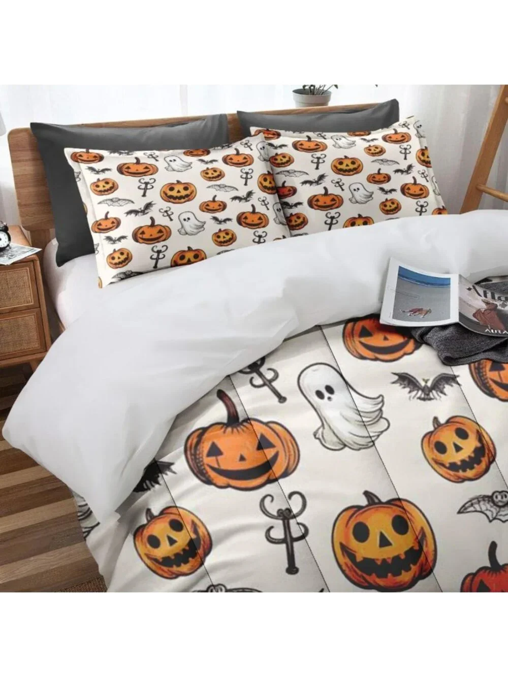 Cozy Queen Comforter Set of 3 - Halloween Pumpkins Bedroom Decor, Fall Theme